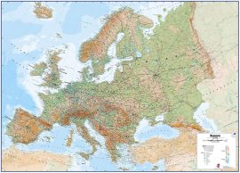 Európa domborzata és úthálózata falitérkép 140*100 cm - laminált (+ választható léc)