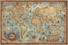 A Világ (The World) falitérkép 136*92 cm antik színű hajókkal - térképtűvel szúrható, keretezett